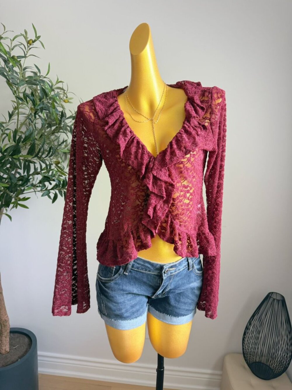 Wild Fable Burgundy Sheer Lace Ruffle Cardigan Size M NWT